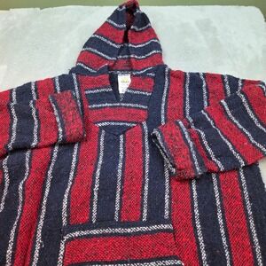 Sunspecs Baja Hoodie Mens XL Striped Pullover Poncho Jerga Red Navy Blue White